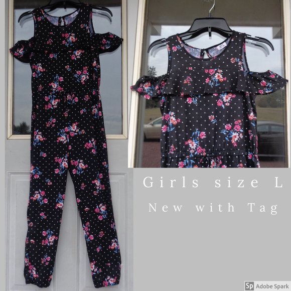 3/$18 Joey B Floral polka dot print cold shoulder jumpsuit boho girls L - Picture 15 of 15